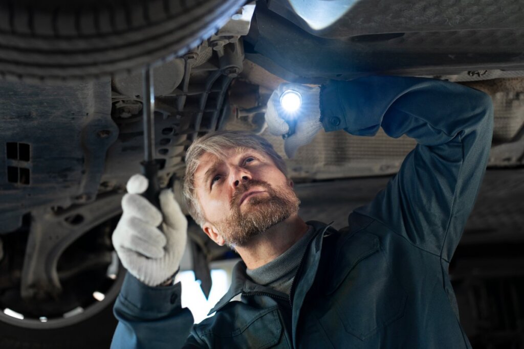 Técnico revisando parte inferior del coche con linterna